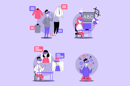 Illustrations of diverse activities. Individuals engaged in fashion design, online learning, meditation and creative brainstorming, each set against vibrant backgroundのイラスト素材