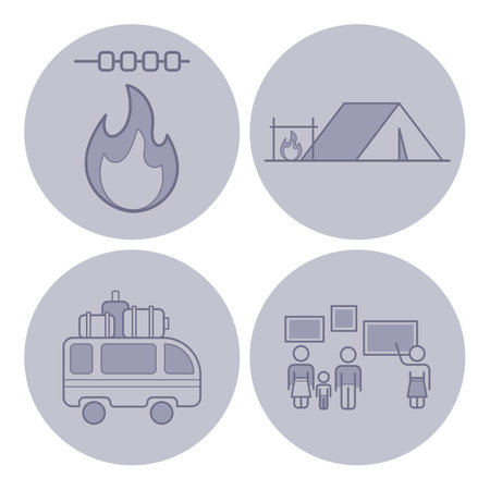 Four icons of activities associated with camping adventures. Campfire, tent setup, family bonding, and transportation for outdoor excursionsのイラスト素材