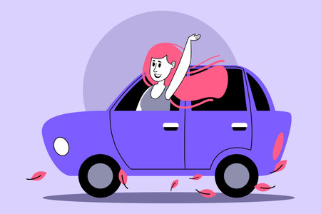 Woman with long hair joyfully waving from inside purple car, surrounded by falling leaves. Freedom and adventure conceptのイラスト素材