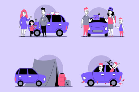 Families enjoying various activities involving cars, from dining together by food cart to exploring nature while camping. Fun and connection between loved ones conceptのイラスト素材