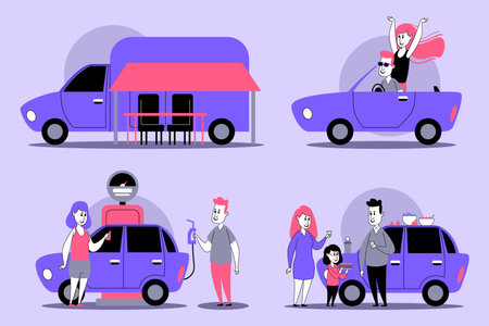 Illustrations of various car activities, including food truck, family enjoying the ride, and individuals interacting with vehiclesのイラスト素材