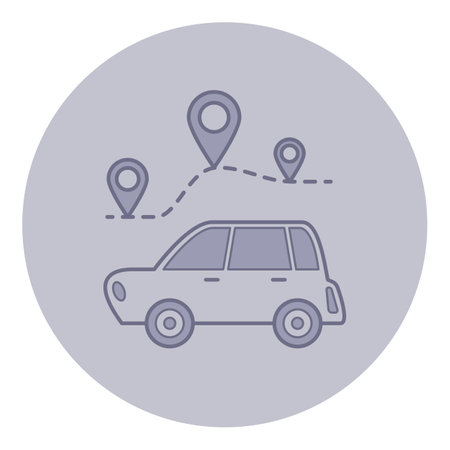 Vector design of car with location pins surrounding it, representing travel routes and navigation. Road trips or journey planning conceptのイラスト素材