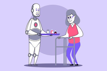 Friendly robot delivering medications to elderly woman using walker. Care and technology conceptのイラスト素材