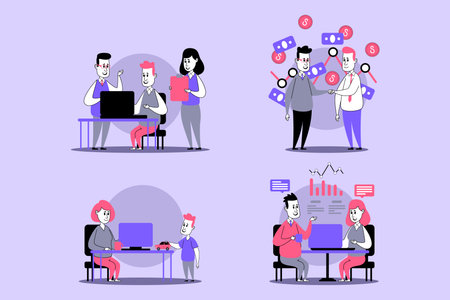 Diverse groups engaged in various activities, including teamwork using technology and data analysis. Participants sharing insights and collaborating to solve problems effectively in modern settingのイラスト素材