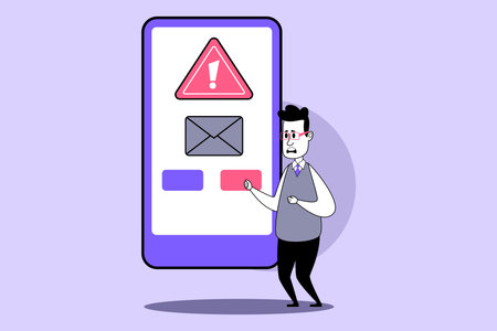 Man standing in front of large smartphone displaying warning notification. Confused and uncertain man interacting with screenのイラスト素材