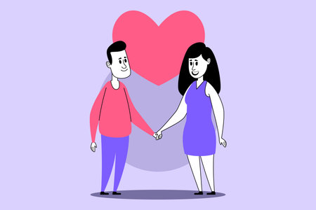 Couple standing together, holding hands against purple background with large heart. People sharing smiles and moment of connection, embodying love and companionshipのイラスト素材