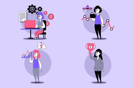 Vibrant illustration of women engaged in various activities like analyzing data, presenting results, and celebrating achievements in collaborative workspaceのイラスト素材