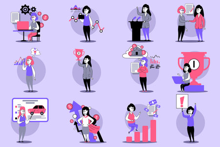 Variety of illustrations depicting women in professional roles like data analysis and team collaborations. Empowerment and achievements conceptのイラスト素材