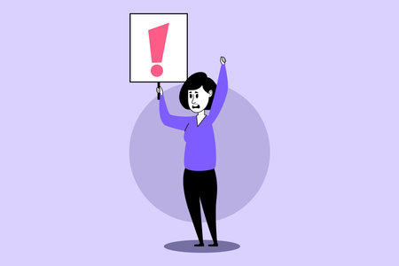 Woman standing confidently, raising her hand with sign with prominent exclamation mark. Determination and engagement in discussion or protest conceptのイラスト素材
