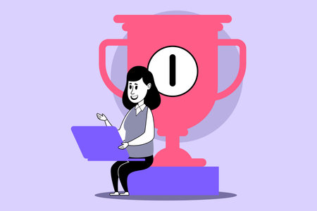 Woman sitting comfortably at desk with laptop, engaging in digital task while large trophy looming behind her. Achievement and success conceptのイラスト素材
