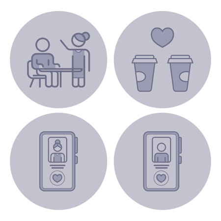 Collection of line icons illustrating various social interactions, including meetings, shared beverages, and digital connections. Ideal for communication-themed designsのイラスト素材