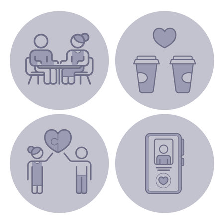 Collection of minimalist line icons depicting various aspects of modern relationships, including couples, coffee cups, heart symbols, and mobile interactions, emphasizing connectionのイラスト素材