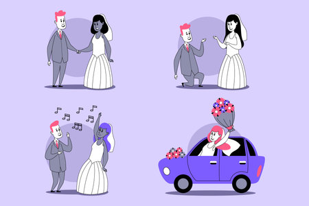 Collection of various joyful moments during wedding celebration, highlighting couples love and traditions associated with marriageのイラスト素材