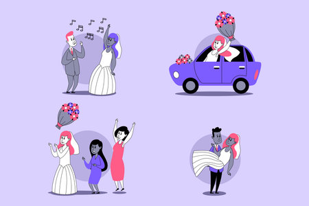 Heartwarming moments of wedding celebration. Guests dancing joyfully, while bride escorted, sharing laughter and love amidst vibrant decorationsのイラスト素材