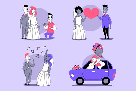 Vibrant collection of marriage-themed activities showcasing couples sharing love, playful proposal, and joyful car rides with flowers, capturing the essence of wedding blissのイラスト素材
