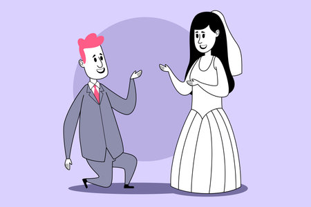 Couple exchanging vows during wedding ceremony. Groom kneeling in front of bride, dressed in white gown. Love conceptのイラスト素材