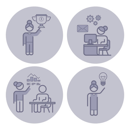 Woman in four icons showcasing her achievements and work. She holding trophy, working at desk, analyzing data, and presenting ideas, reflecting dedication and creativity in her careerのイラスト素材