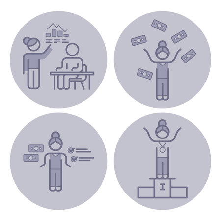 Collection of icons depicting women in professional settings. Presenting data, seated work, managing finances, and achieving goals in minimalistic design styleのイラスト素材