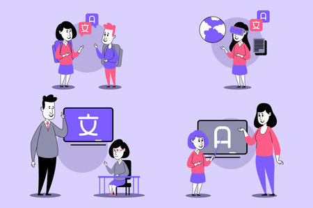 Illustrations of various language learning activities, including conversation practice and digital...