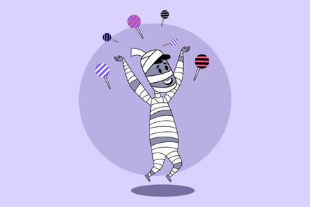 Cheerful mummy, wrapped in bandages, joyfully jumping in playful atmosphere during Halloween celebration, surrounded by colorful lollipopsのイラスト素材