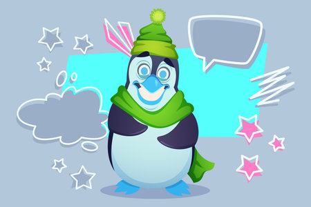 Cheerful penguin character wearing green hat and scarf standing against blue background. Penguin with inviting expression surrounded by colorful speech bubbles and starsのイラスト素材