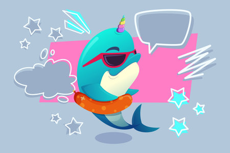 Cartoon dolphin with playful expression and unicorn horn floating happily in colorful lifebuoy with sunglasses on. Stars and speech bubbles adding fun vibeのイラスト素材