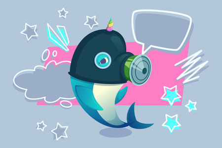 Colorful dolphin character wearing quirky helmet and speaking in speech bubble. Background with playful shapes and stars giving fun atmosphere to sceneのイラスト素材