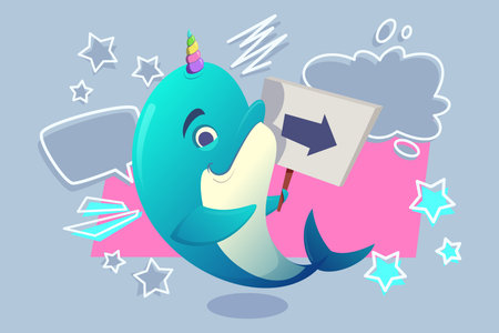 Playful narwhal with colorful horn holding sign pointing right. Background with stars and speech bubbles adding fun, whimsical touch to sceneのイラスト素材