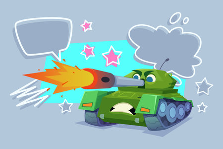 Colorful cartoon tank shooting flames from its cannon while displaying expression of determination. Fun stars and speech bubbles adding whimsical touch to backgroundのイラスト素材
