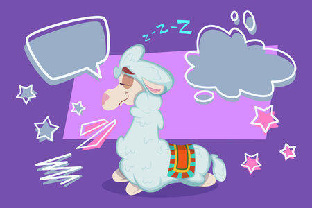 Cartoon llama lounging comfortably, with closed eyes and relaxed expression. Colorful speech bubbles and stars surrounding it, adding playful touch to sceneのイラスト素材