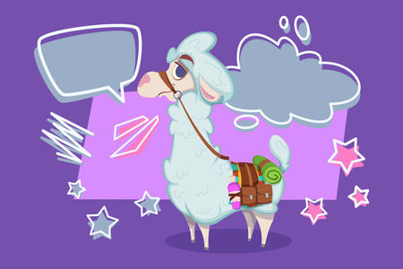 Cartoon llama standing against purple background with colorful shapes. Llama with harness carrying small bagsのイラスト素材