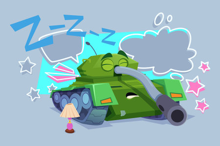 Cheerful cartoon tank resting peacefully in cozy room, surrounded by playful patterns. Tank with closed eyes in deep sleep, adding fun vibe to sceneのイラスト素材
