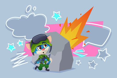 Small cartoon character with green outfit hiding behind rock while holding toy gun. Explosion graphic in background creating exciting sceneのイラスト素材