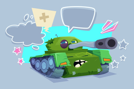 Cartoon-style tank with playful facial expressions. Its green exterior showing signs of damage, colorful speech bubbles around it adding whimsical touchのイラスト素材