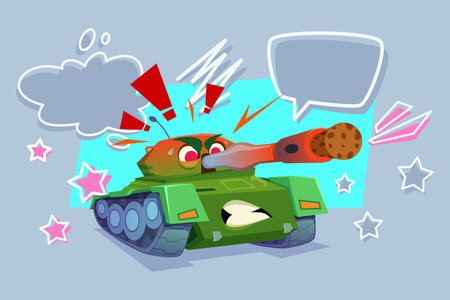 Cartoon tank, designed with big eyes and angry appearance, against blue background. Colorful speech bubbles and stars adding fun to sceneのイラスト素材