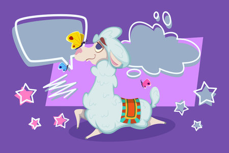 Playful llama standing on purple background, expressing joy while interacting with colorful butterflies. Speech bubble, stars and whimsical shapes adding to fun atmosphereのイラスト素材