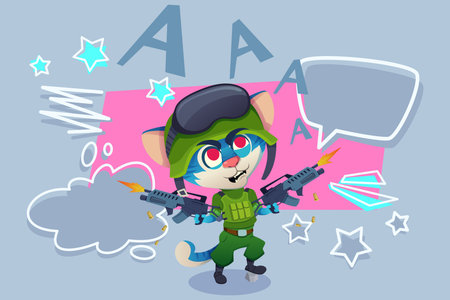 Cartoon cat with blue hair and green outfit standing confidently, holding two toy guns. Colorful effects like stars and speech bubbles filling background, creating exciting sceneのイラスト素材