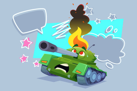 Cartoon tank with worried face and flames shooting from its barrel. Colorful explosions and smoke in background creating lively sceneのイラスト素材