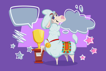 Cheerful llama standing proudly beside gold trophy on purple background. Animal celebrating with playful speech bubbles floating above its head, suggesting excitementのイラスト素材
