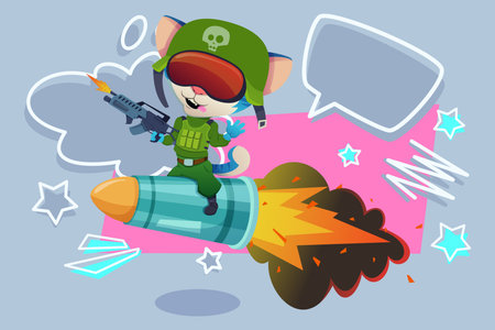 Playful cat in military gear riding rocket with flames. Speech bubbles and stars, creating fun and adventurous atmosphereのイラスト素材