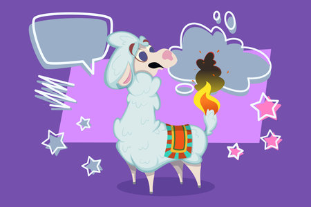 Llama with fluffy white coat standing on colorful background. Animal looking surprised while smoke and flames rising from its tail, surrounded by speech bubbles and starsのイラスト素材