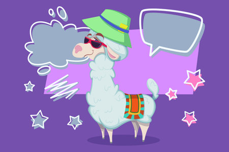 Stylish llama standing proudly, wearing sunglasses and bright green hat. Whimsical shapes and stars on background adding fun summer vibe to sceneのイラスト素材