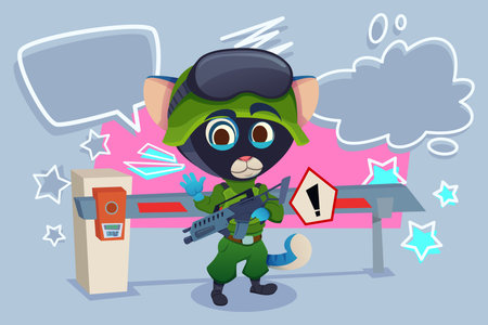 Playful cartoon character dressed in green military gear standing next to security barrier. Character waving while holding toy weapon, exuding fun and adventurous vibeのイラスト素材