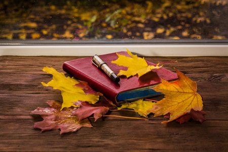 Red diary and pen on the windowsill with autumn leaves. Photographed under natural illumination.の写真素材