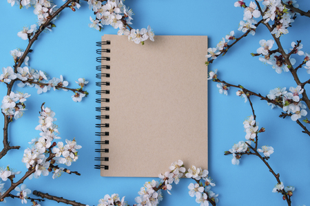 Cherry branches with flowers and notebook on a bright blue background. Flat lay, top viewの写真素材