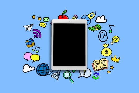 White tablet and icons showing the capabilities of the tablet, app, Internet on a blue background....