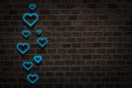 Blue hearts, Neon sign on the background of the wall of the fire. Valentine's day concept, loveの写真素材