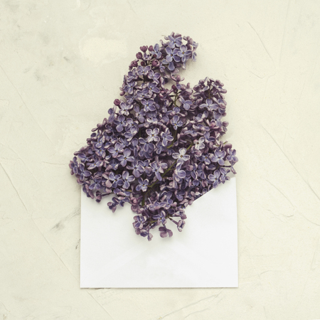 White envelope and lilac on white stone background. Flat lay, top view.の写真素材