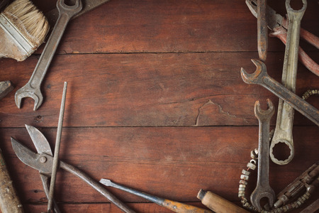 Working tool on the Dark Wooden Background. Father's Day Concept.