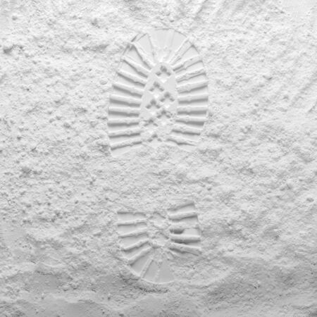 Footprint from a boot on a gray stone background. Moon surface texture. First step. Flat lay, top view.の写真素材